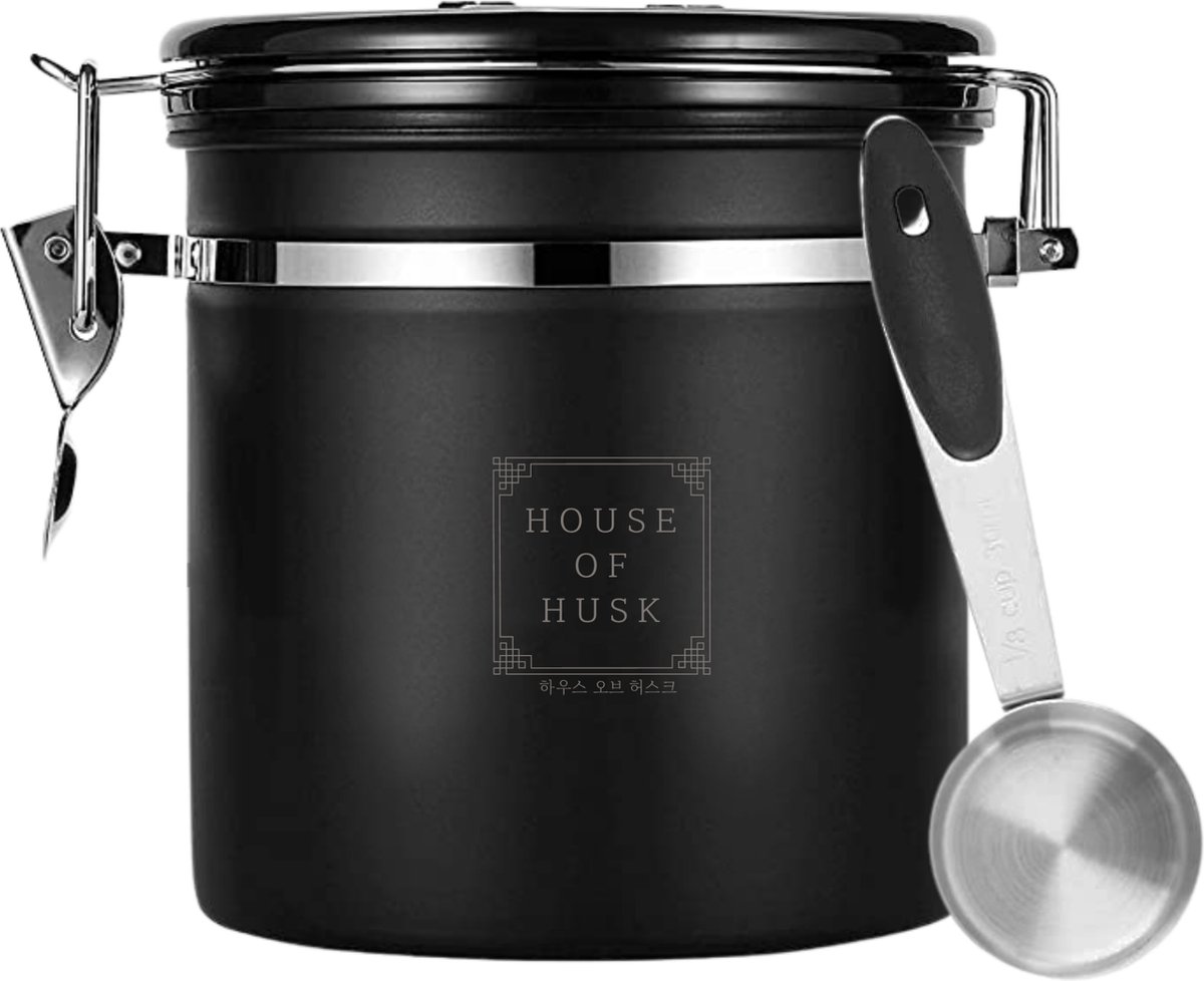 House of Husk Koffieblik met CO² Ventilatie - Bewaarblik - Voorraadbussen - Voorraadblik - RVS - Zwart - 1 Liter