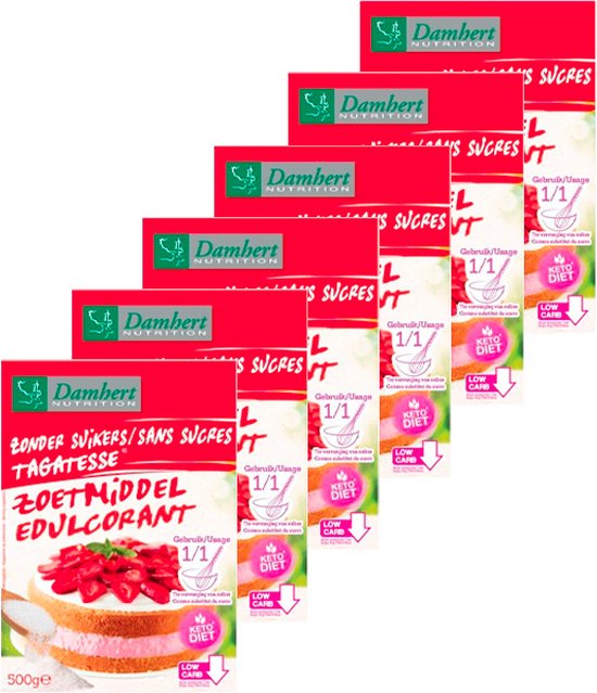 Damhert Tagatesse zoetmiddel, 500g. Rode verpakking met taart met aardbeien en slagroom.