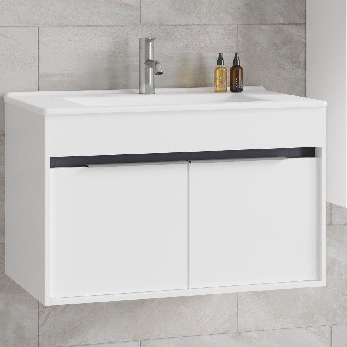 Kassel 80 cm Badkamermeubel – Hoogglans Wit, Softclose Semi-Handgreep, 2 Deuren, Keramische Wastafel