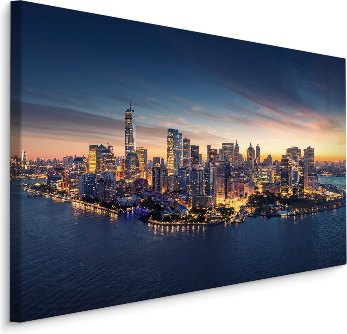 karo-art Schilderij Panorama van New York City in de avond, blauw, 4 maten, premium print Multikleur