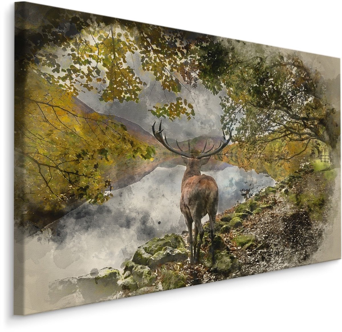 karo-art Schilderij - Hert op de uitkijk, 90x60cm. Premium print Multikleur