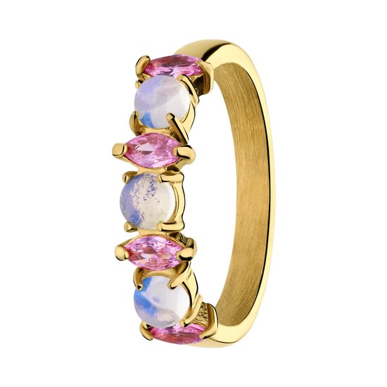 Lucardi - Bague vintage femme en acier plaqué or avec opale et zircone rose - Ring - Acier - Doré - 20 / 63 mm