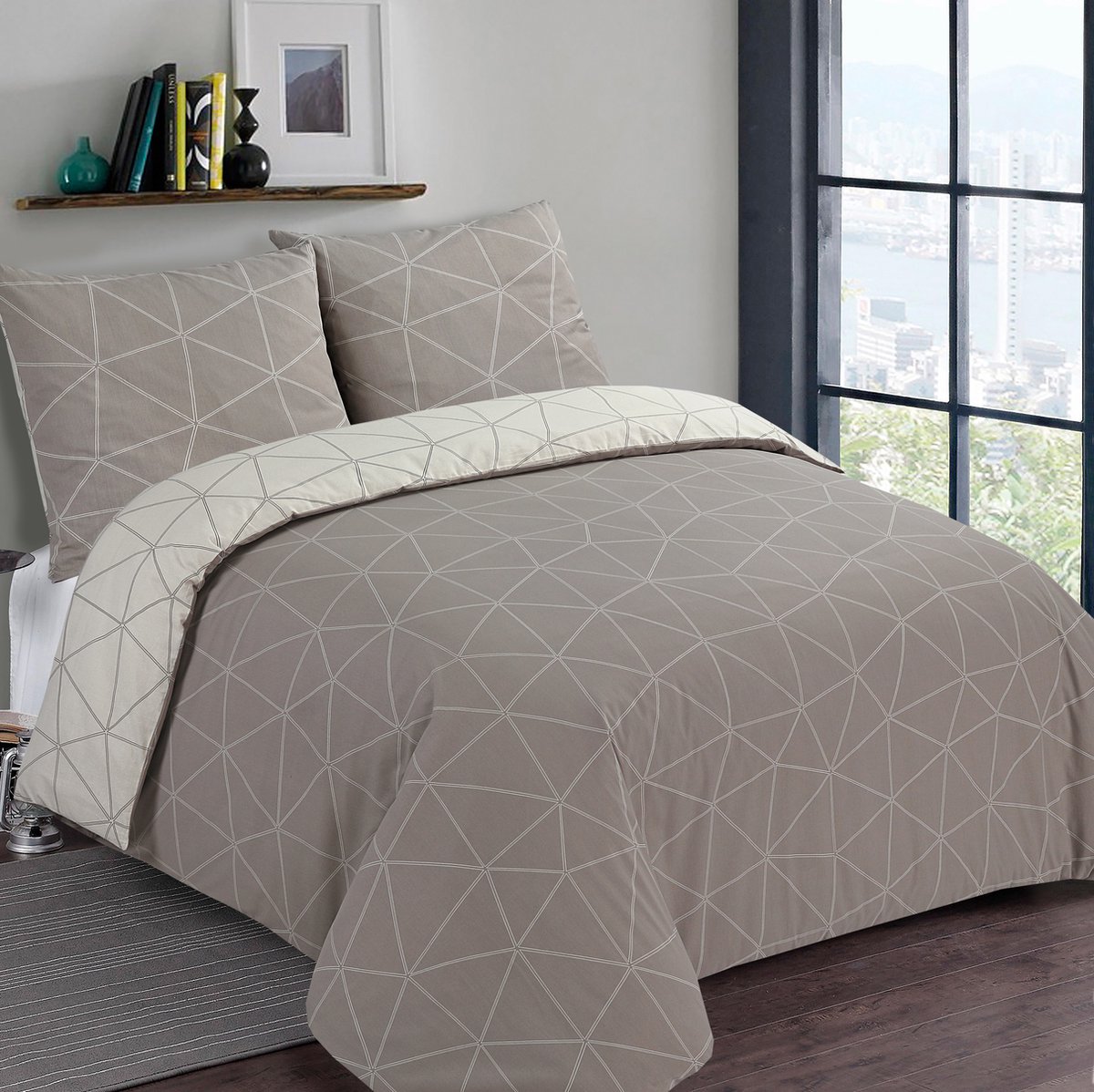 VISION Hugo - Tweezijdig omkeerbaar Dekbedovertrekset - 100% katoen: zacht en soepel - Tweepersoons - Dekbedovertrek 200 x 200 cm met 2 bijhorende slopen - Beige - Oekotex gecertificeerd