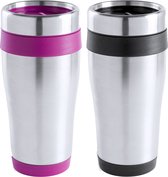 Tasses chauffantes/tasses à café/tasses isothermes - 2x pièces - acier inoxydable - noir et rose - 450 ml