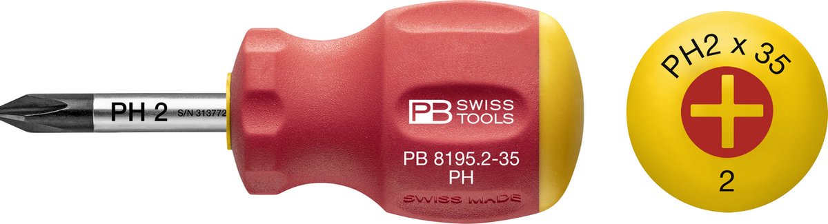 PB Swiss Tools Stubby Schroevendraaier PH2x35mm SwissGrip