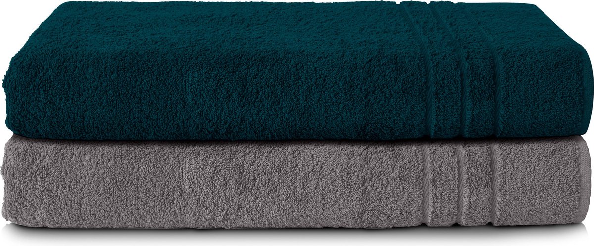 Komfortec Set van 2 Handdoeken 80x200 cm, 100% Katoen, XXL Saunahanddoeken, Saunahanddoek Zacht, Grote badstof, Sneldrogend, Antracietgrijs&Petroleumblauw