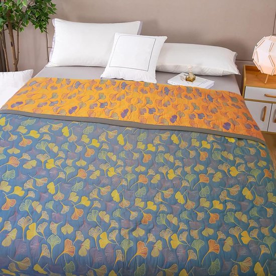 Couvre-lit 220 x 240 cm en coton imprimé recto verso, couvre-lit fin et confortable, couverture d'été légère pour toutes les saisons, 220 x 240 cm, orange