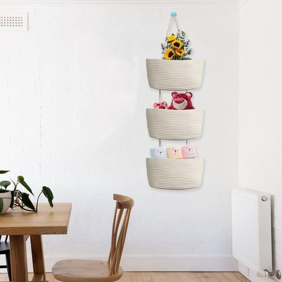 Hangorganizer, gevlochten mand, hangende wandorganizer, 3 etagère, hangende tas van katoenen touw, opvouwbaar hangrek, plantenmand voor badkamer, slaapkamer, kinderkamer (bruin