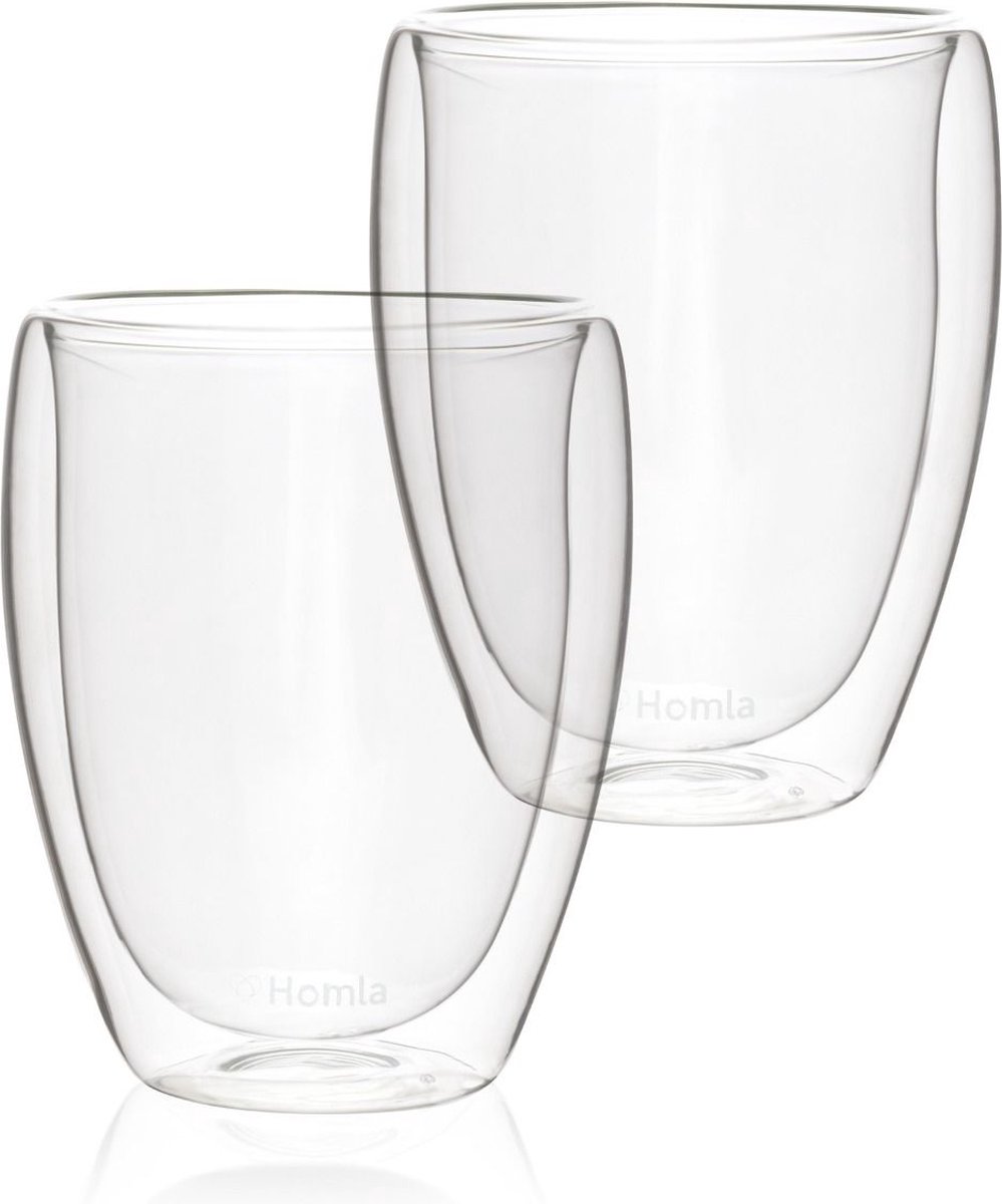HOMLA Cembra dubbelwandig glas zonder handvat - set van 2 mokken - voor koffie thee latte macchiato cappuccino - vaatwasmachinebestendig hoogte 11 cm hoog 0,35 l inhoud