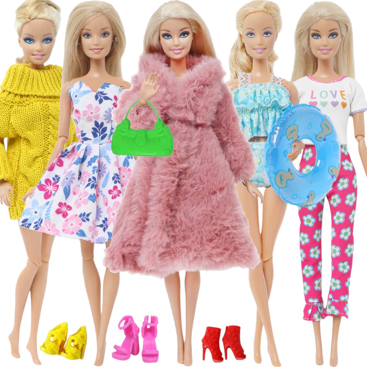 Vêtements de poupée - Convient pour Barbie - 5 tenues, 3 paires de chaussures, 1 sac à Vêtements de poupée - Convient pour Barbie - 5 tenues, 3 paires de chaussures, 1 sac à
