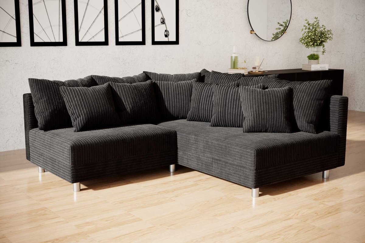 hoekbank denver mini- corduroy zwart- zonder poef (hocker) - hoeksalon mini zonder poef - seatsandbeds