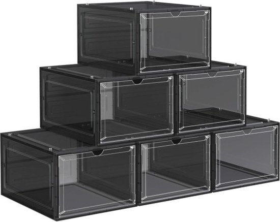 Boîtes à chaussures, 6 pièces, organiseur avec porte, rangement à chaussures en plastique, empilable, montage facile, jusqu'à la taille 46, noir