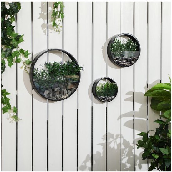 Btstil 3 stuks houten wandvaas, wandplantenbak voor thuisdecoratie, hangende plantenbakken van hout voor droogbloemen en kunstmatige groenplanten (3 stuks met LED-verlichting