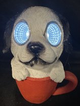 Polyresin solarlamp "hond in mok" - meerkleurig - met 2 LEDs - Staand model - hoogte 14 x 8 x 7 cm - Tuindecoratie - Tuinverlichting