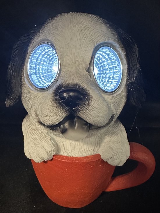 Lampe solaire en polyrésine "chien en mug" - multicolore - avec 2 LED - Modèle sur pied - hauteur 14 x 8 x 7 cm - Décoration de jardin - Eclairage de jardin