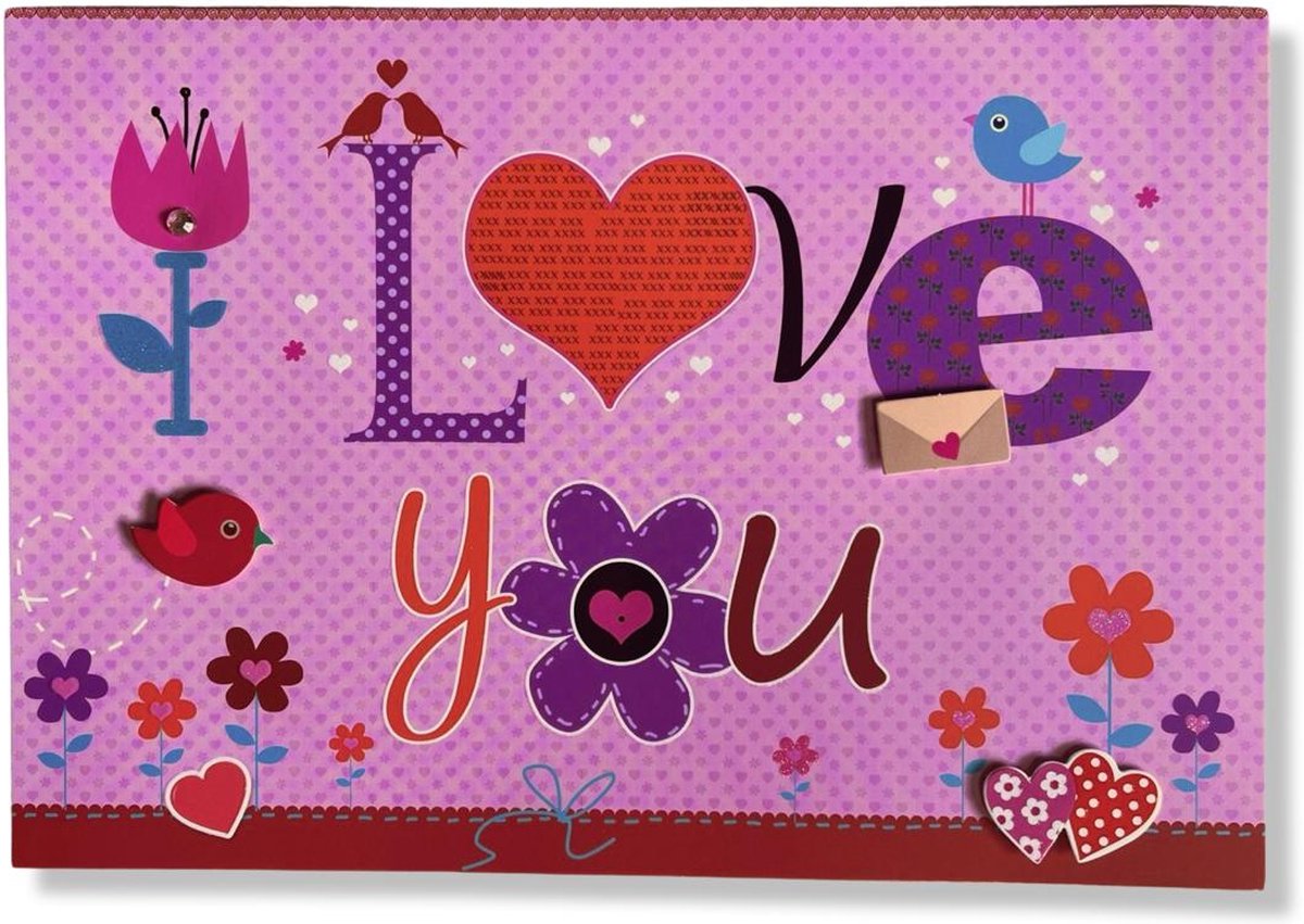 XXL Luxe 3D Valentijnskaart vogeltjes - 18.5x26.5cm - Inclusief gekleurde envelop