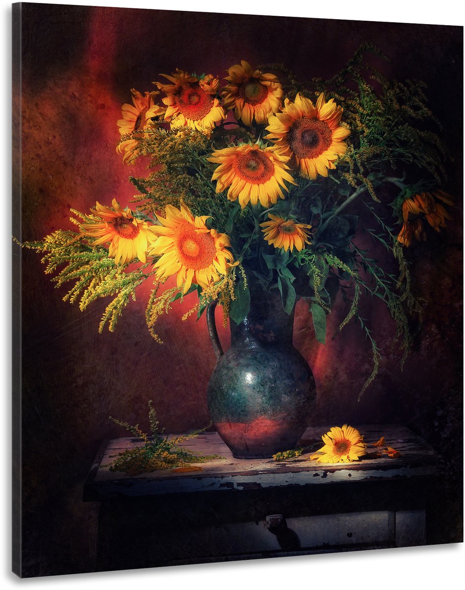 karo-art Schilderij -Stilleven Zonnebloemen, 80x100cm. Wanddecoratie Multikleur