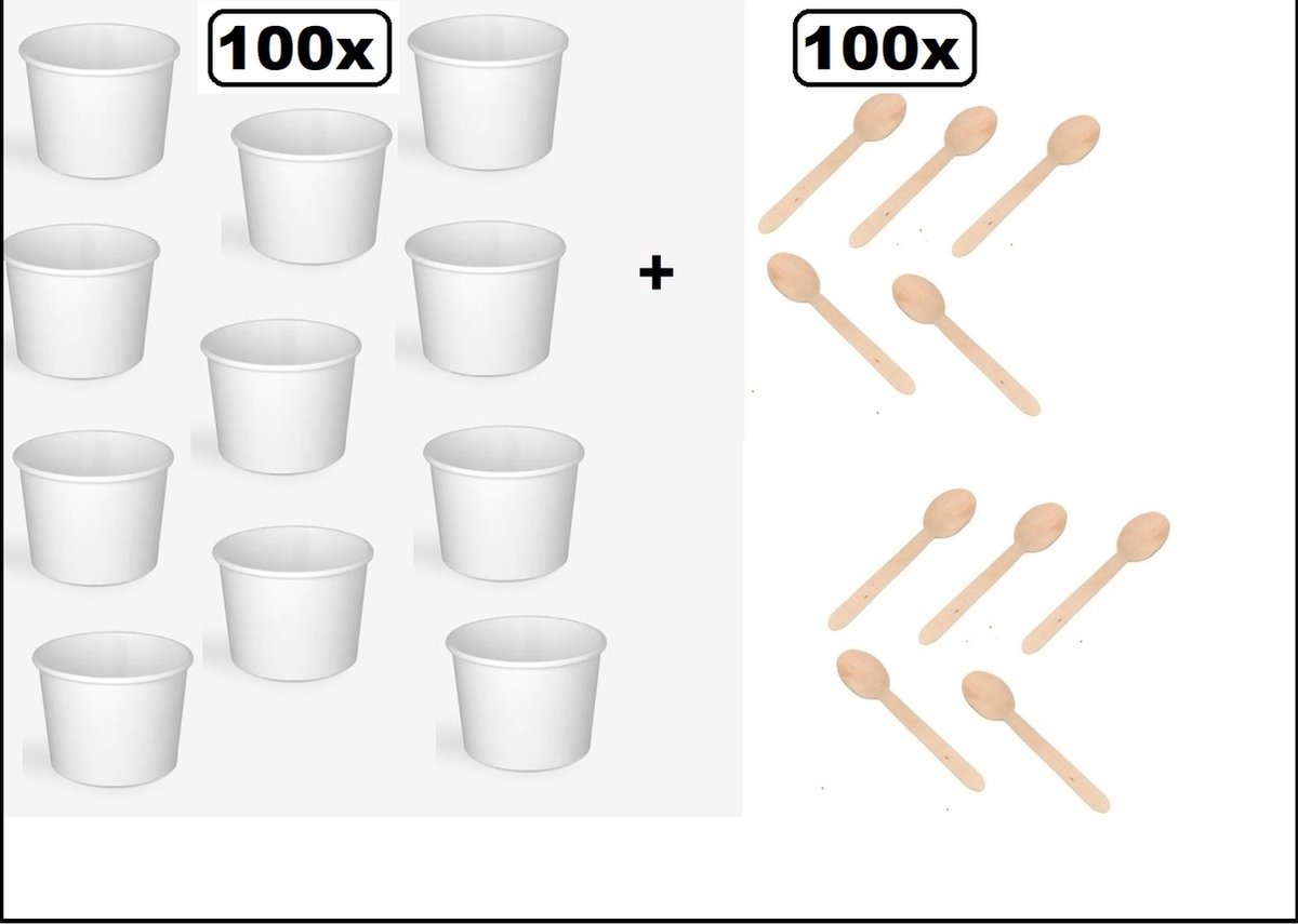 100x beker wit karton 250ml + lepels - beker festival warme dranken maaltijd carnaval