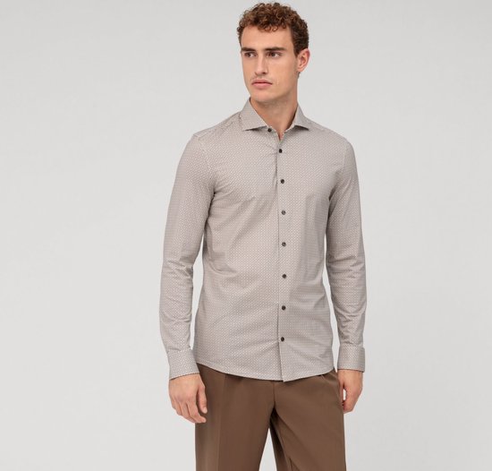 OLYMP - Chemise Level 5 Imprimé Beige - Homme - Taille 39 - Coupe Slim