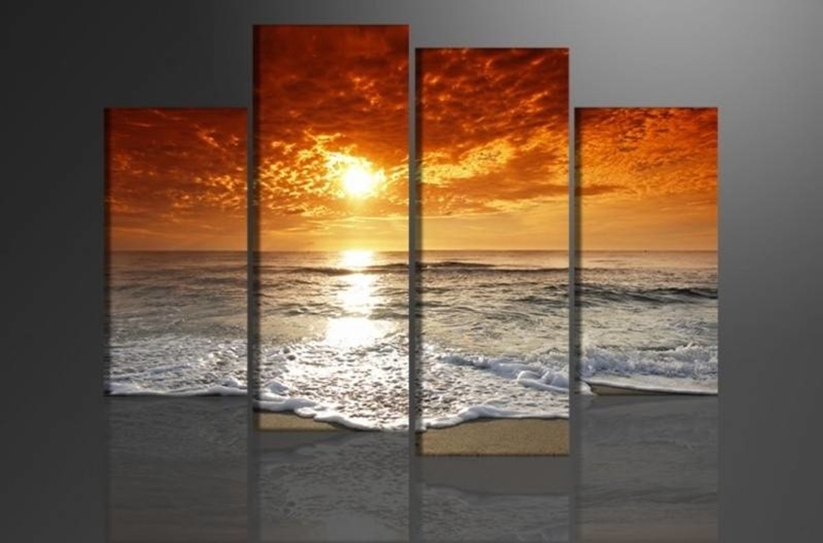 karo-art Schilderij - Strand/Sunset, Oranje, 130X80cm, 4luik Multikleur