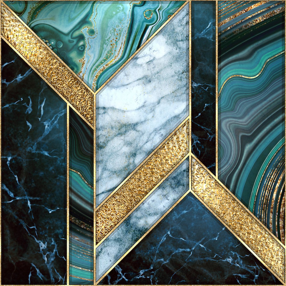 karo-art Schilderij - In het wit, goud en groen, marmer, 3 maten , canvas , Wanddecoratie Multikleur