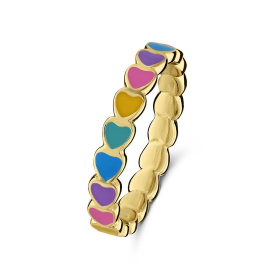 Lucardi Kinder Zilveren goldplated ring gekleurde emaille hartjes - Ring - 925 Zilver - Goudkleurig - 16 / 50 mm