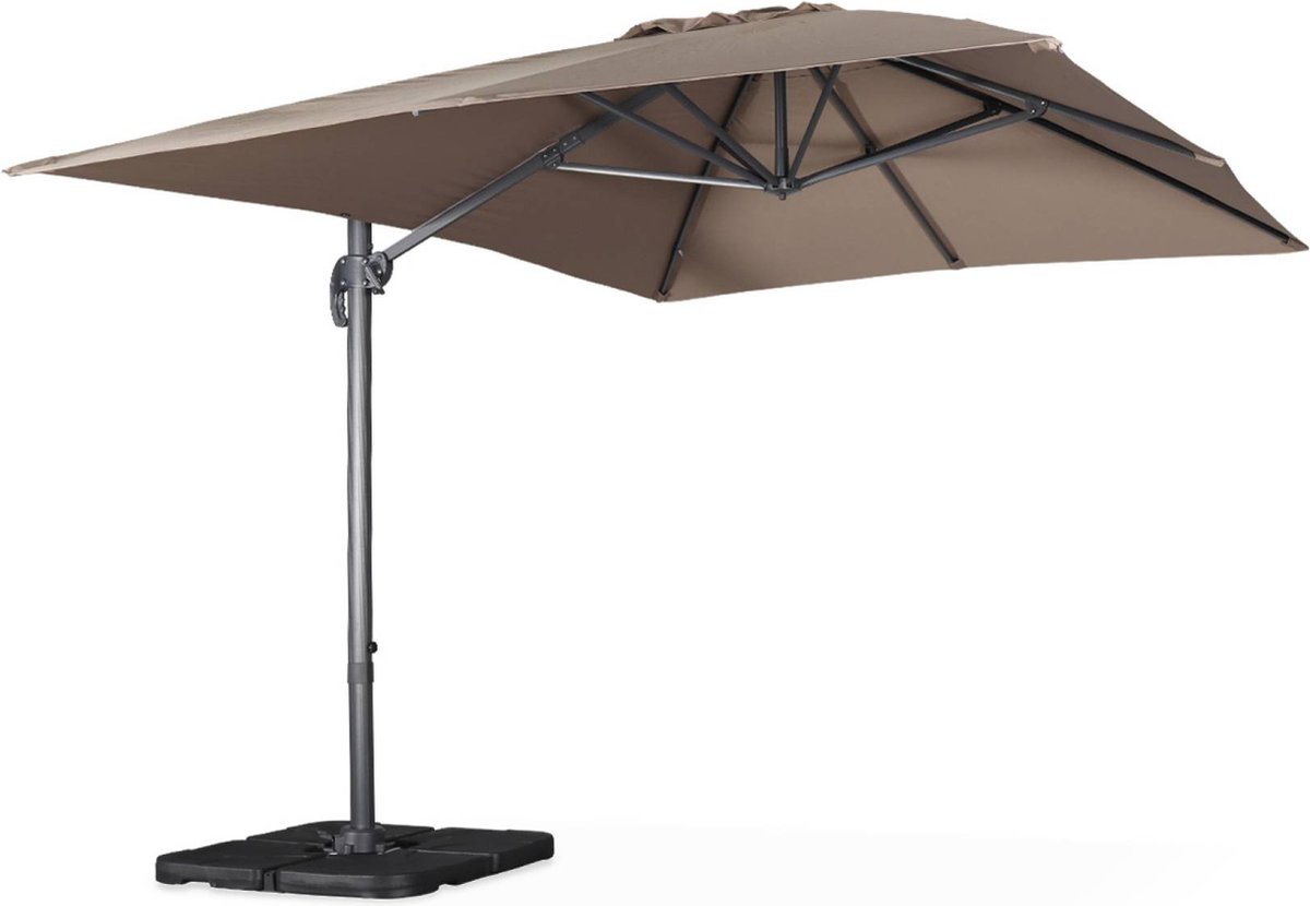 sweeek - Rechthoekige parasol 3x4 m, wimereux, 360° draaibaar + verzwaarde platen 50x50cm Sweeek rechthoekige parasol 3x4 m in wimereux design, 360° draaibaar, met verzwaarde platen 50x50cm.