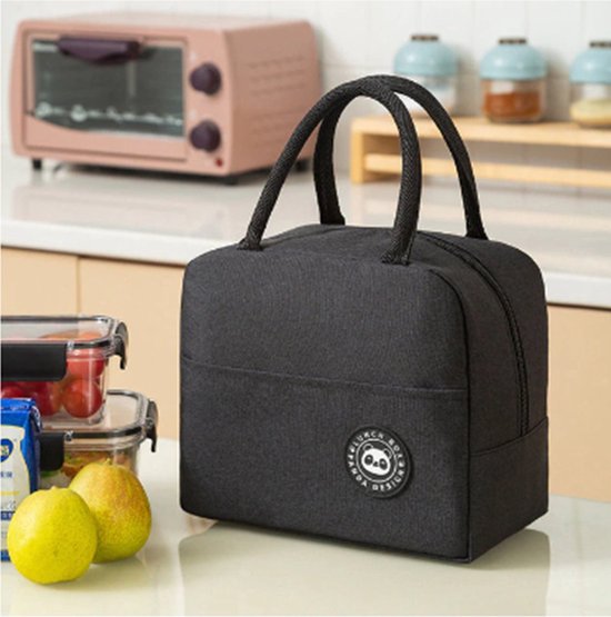 Sac à lunch isotherme compact noir avec poignées et un badge logo rond sur le devant.
