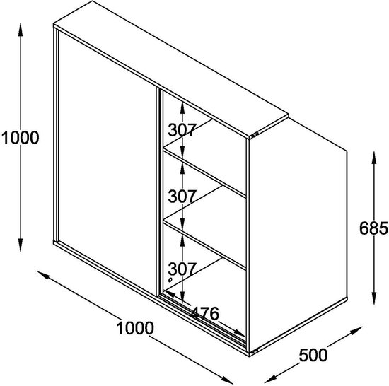 Technische tekening van een zwarte kast met schuifdeuren, afmetingen in mm: breedte 1000, diepte 500, hoogte 685/1000, legplankdiepte 307.