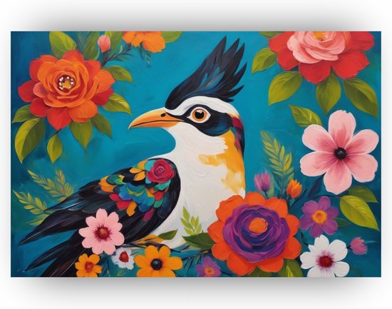 Vogel met bloemen - Vogel canvas schilderij - Canvas schilderijen Frida Kahlo - Muurdecoratie modern - Schilderijen op canvas - Decoratie kamer - 70 x 50 cm 18mm