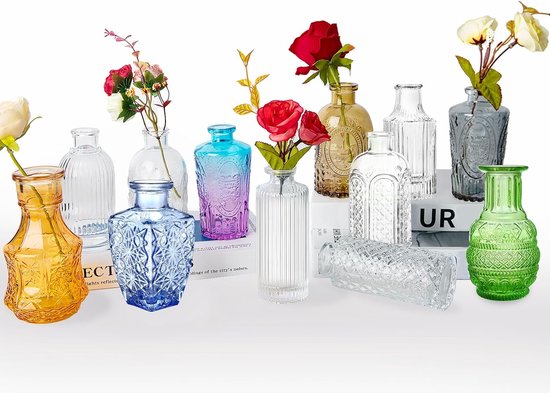 Mini-vaas, glazen vazen, set 12 stuks, kleine tafeldecoratie, outdoor, bruiloftsdecoratie, vintage bloemenvaas voor decoratie woonkamer, badkamer, verjaardag, bruiloft, tuinfeest, moederdagcadeau, met