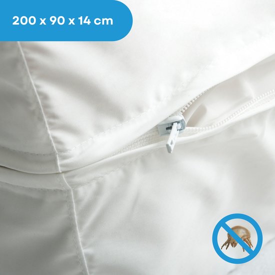 Witte matrashoes van 200 x 90 x 14 cm met rits en een icoon van een huisstofmijt met een doorstreep.