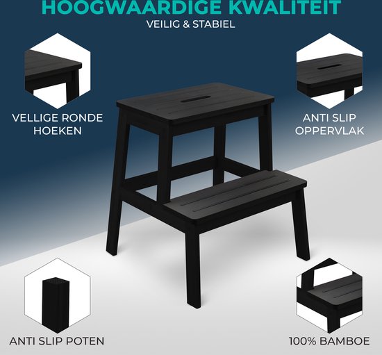 Zwart bamboe opstapje met twee treden, ronde hoeken, anti-slip poten en oppervlak.