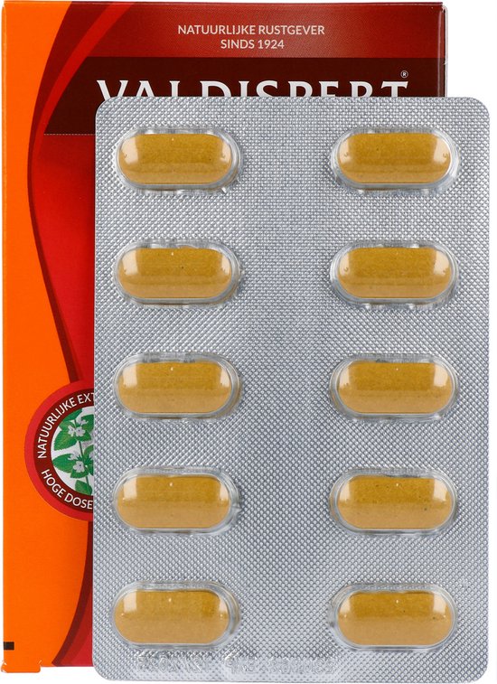 Blisterverpakking met 8 gele tabletten, naast een Valdispert doosje.