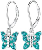 Joy|S - Zilveren vlinder bedel oorbellen - Blauw groen met turquoise kristal - leverback sluiting