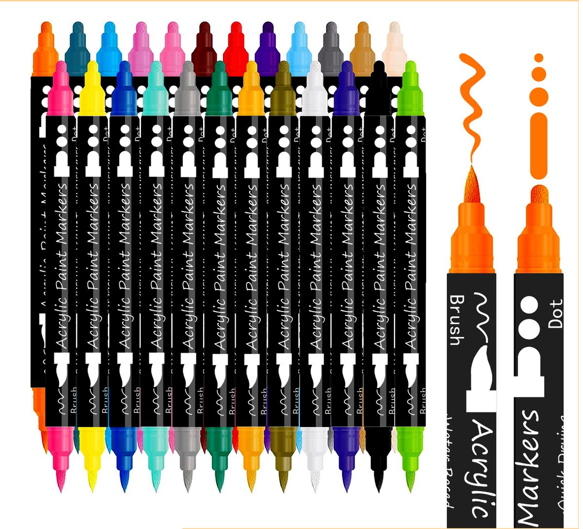 CNL Sight Acrylic Verf Pennen Dual met dubbele penpunt- Tip 24 Kleuren - Acrylic Verf Markers Met Fijne Tip Ronde Tip Voor Rock Schilderen Canvas Glas Keramiek Hout DIY Ambachten Kleurplaten Decoreren (DAP24)
