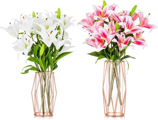 Decoratieve glazen bloemenvaas van glas met metalen standaard