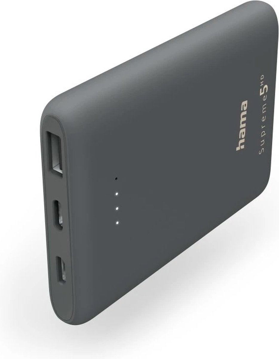 Hama Supreme 5HD USB-A Powerbank 5000mAh - 1 x USB-A output - 1 x USB-C / Micro-USB input - Kleine Powerbank - Geschikt voor iPhone en Samsung - Compatibel met smartphones - Grijs