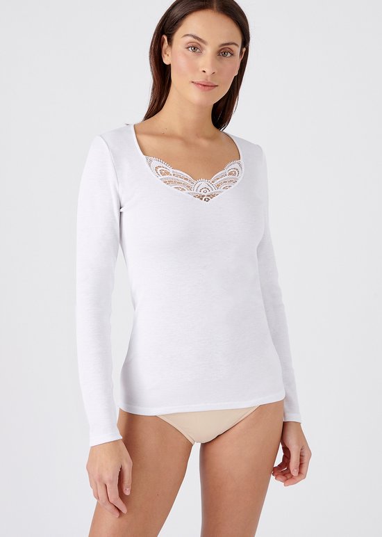 Damart - T-shirt met lange mouwen fijn geribd guipure kant Thermolactyl - Dames - Wit - XS