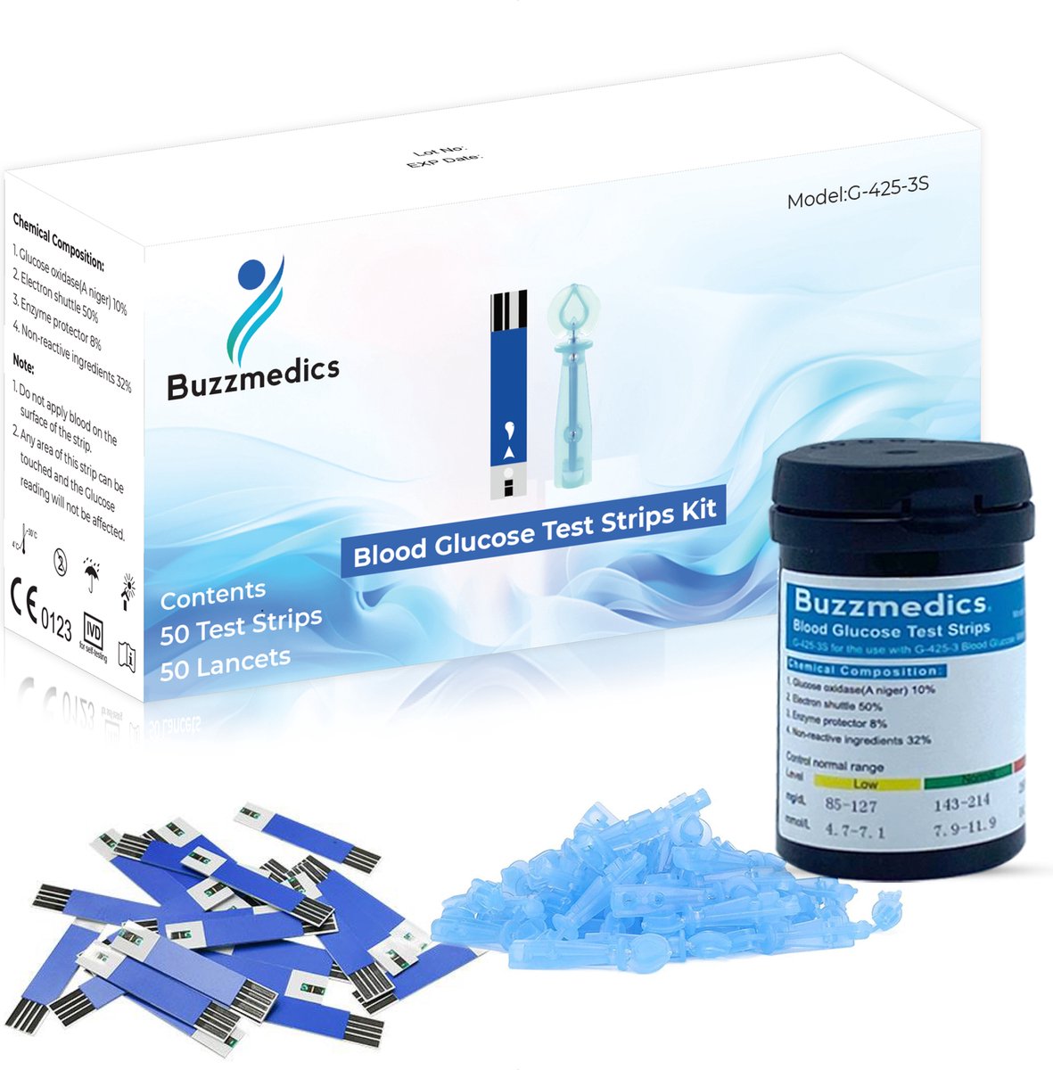 Goedkoopste Buzzmedics - Teststrips & Lancetten - Voordeelpakket - 50x Teststrips - 50x Lancetten - Voor Bloedsuikermeter - Voor Diabetesmeter - Toepasbaar bij de Glucosemeter van Buzzmedics