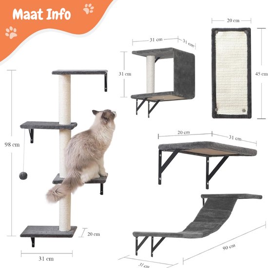 PawHut klimmuur voor katten, 3-delig, klimwandset inclusief 2 x platforms, 1 x hangmat, kattenklimmuur, klimtrap voor katten, zwart