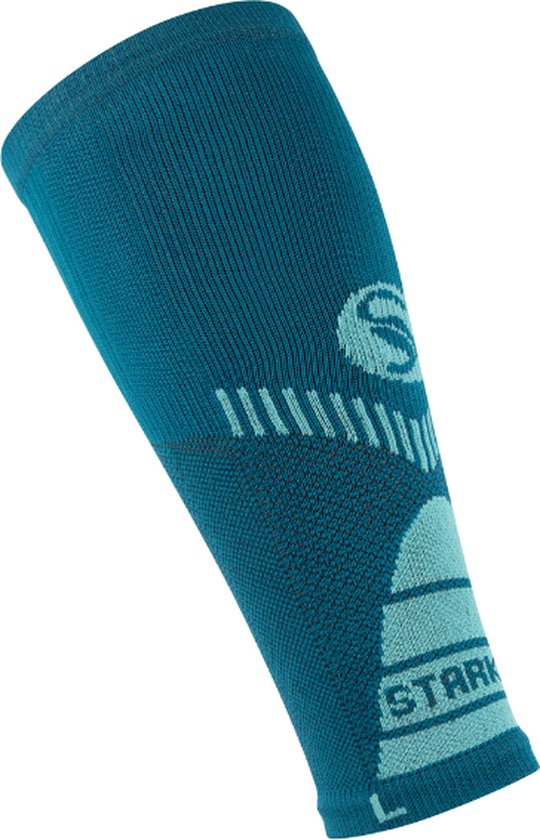 Turquoise compressie kuit sleeve met 'Stark Soul' logo en grafische details.