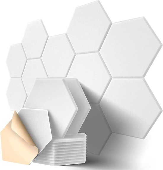 DiverseGoods Hexagon zelfklevende akoestische panelen, 12-delige geluidsabsorberende wand met hoge dichtheid voor plafond/deur/muurdecoratie en akoestische behandeling, akoestisch schuim met afgeschuinde rand (30x26x0,9 cm)