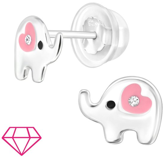Joy|S - Zilveren olifant oorbellen - zilver met roze hartje - kristal - kinderoorbellen - extra zacht sluiting (vlindersluiting met siliconen omhulsel)
