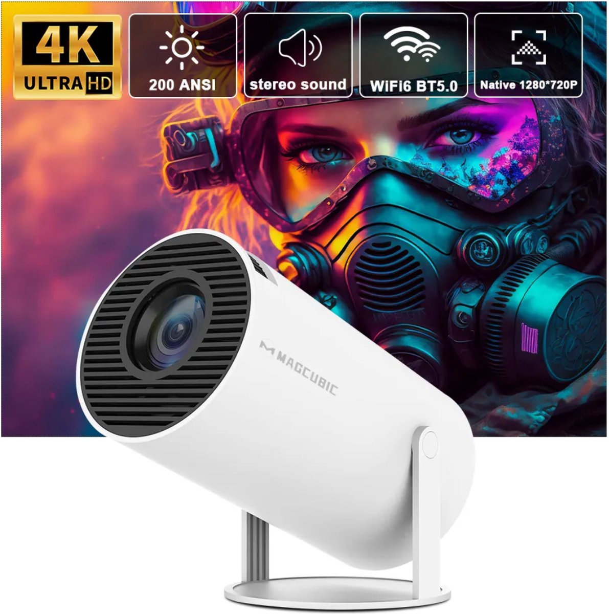 Ultieme Draagbare WiFi 6 Mini Beamer 4K/200 ANSI Projector Streamen - HY300 - BT 5.0 - Android - Home Cinema