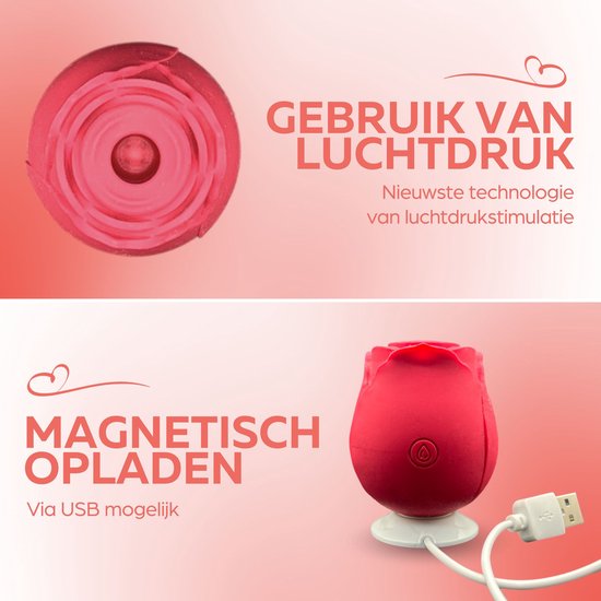Roze roos vibrator met magnetische oplaadfunctie via USB. Nieuwste technologie van luchtdrukstimulatie.
