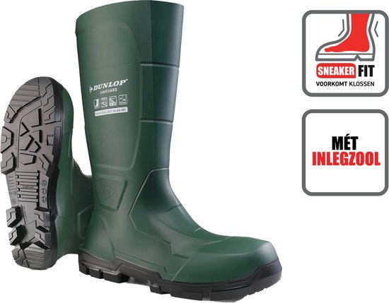 Groene Dunlop Jobguard werklaarzen met zwarte zool. Met Sneaker Fit en mét inlegzool.