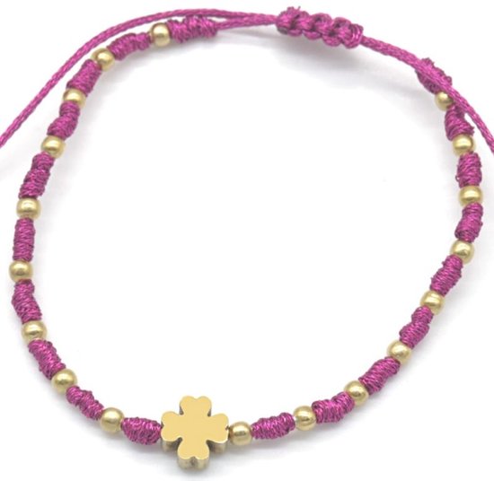 Bracelet en Tissus Femme - Perles et Trèfle en Acier Inoxydable - Cordon - Corde - Longueur Ajustable - Doré et Violet