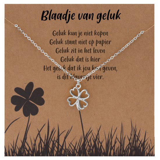 Bixorp Luck Cadeau Ketting "Blaadje van Geluk" - Zilver Geplatineerd - Klavertje Vier Hanger in Cadeauverpakking - 38+8cm