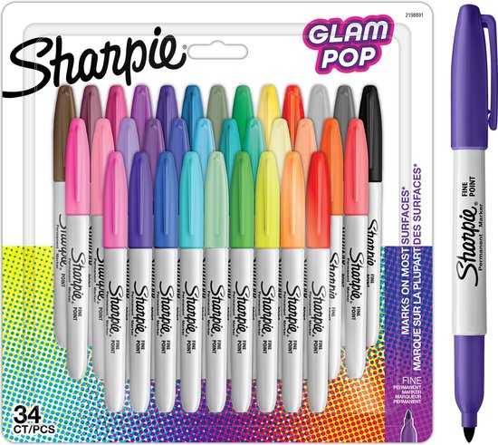 Marqueurs Permanent Sharpie Glam Pop | Pointe fine pour des détails audacieux | Différentes couleurs | 34 Marqueurs